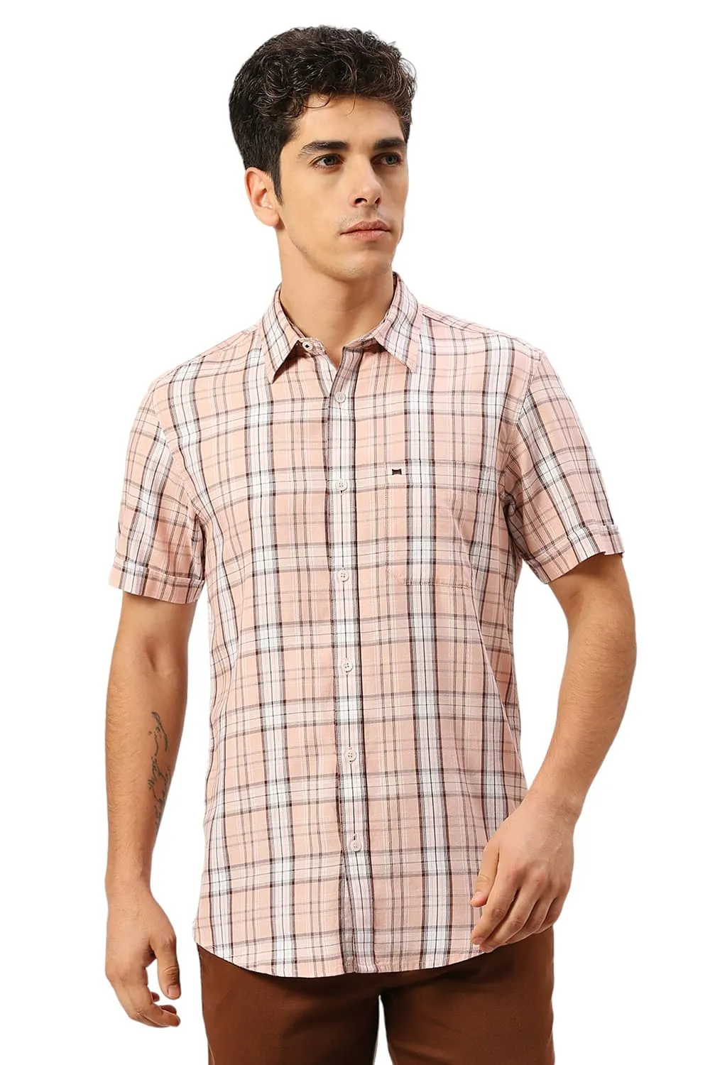 Slim Fit Cotton Tencel Twill Checks Halfsleeves Shirt