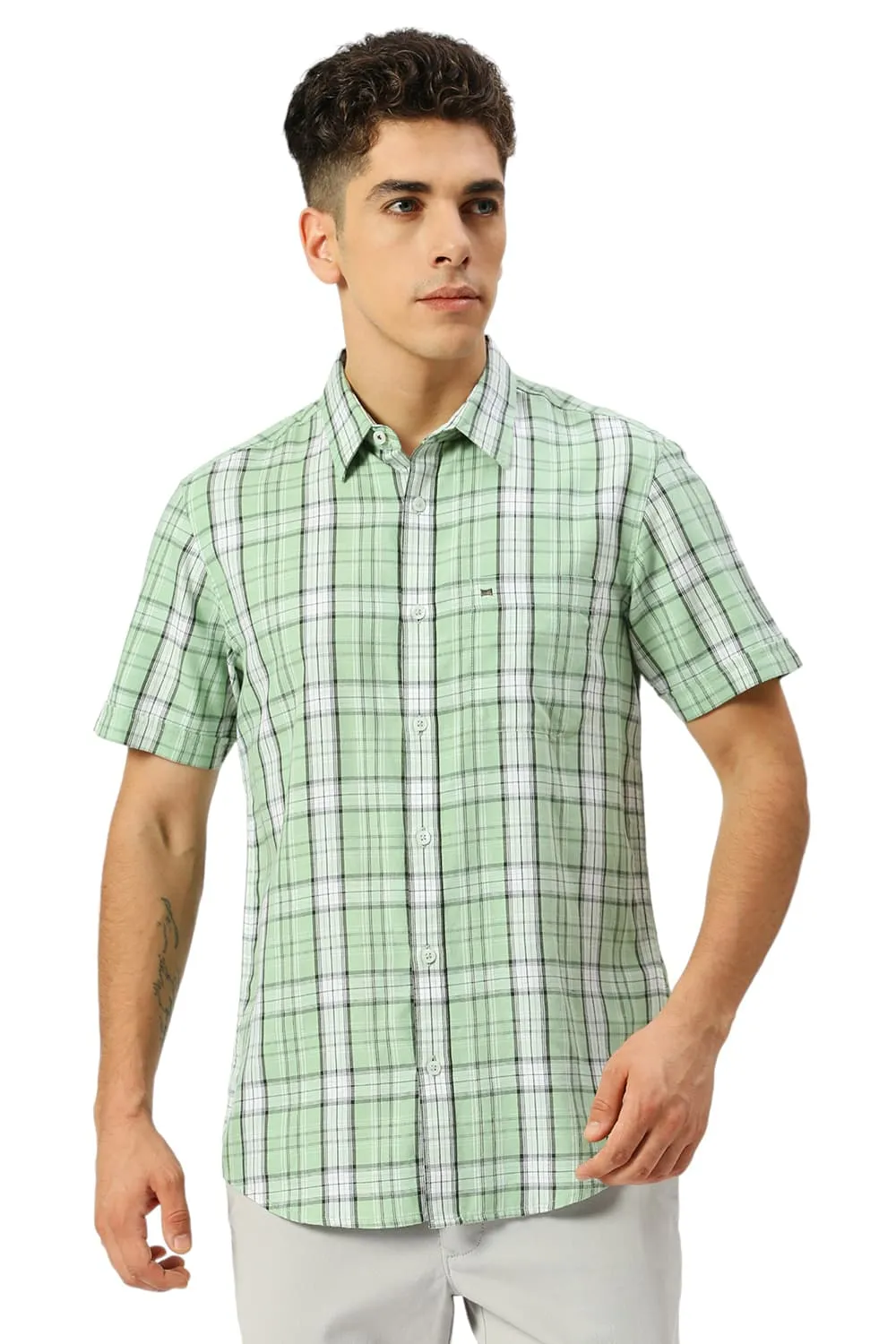 Slim Fit Cotton Tencel Twill Checks Halfsleeves Shirt