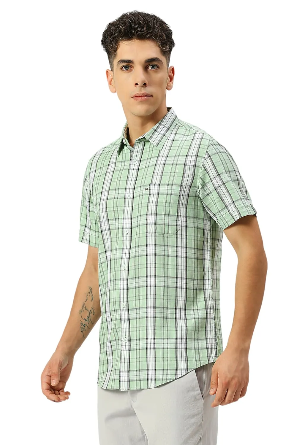 Slim Fit Cotton Tencel Twill Checks Halfsleeves Shirt