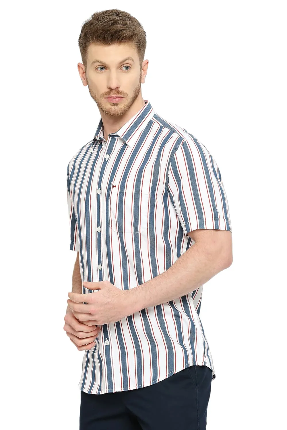 Slim Fit Cotton Tencel Twill Stripe Halfsleeves Shirt