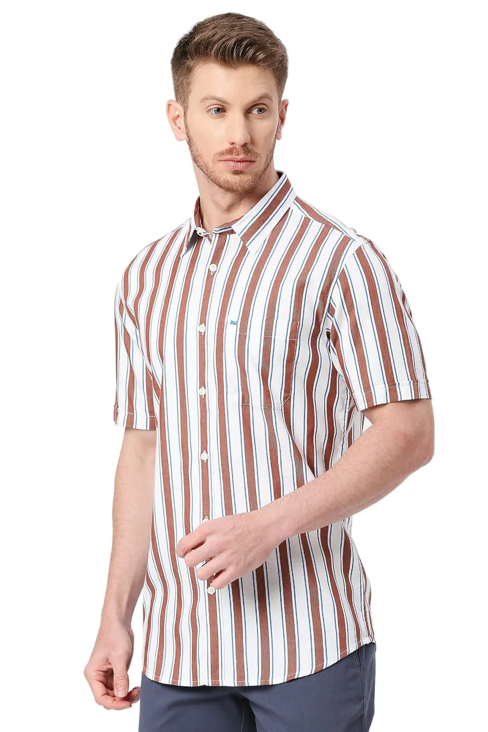 Slim Fit Cotton Tencel Twill Stripe Halfsleeves Shirt