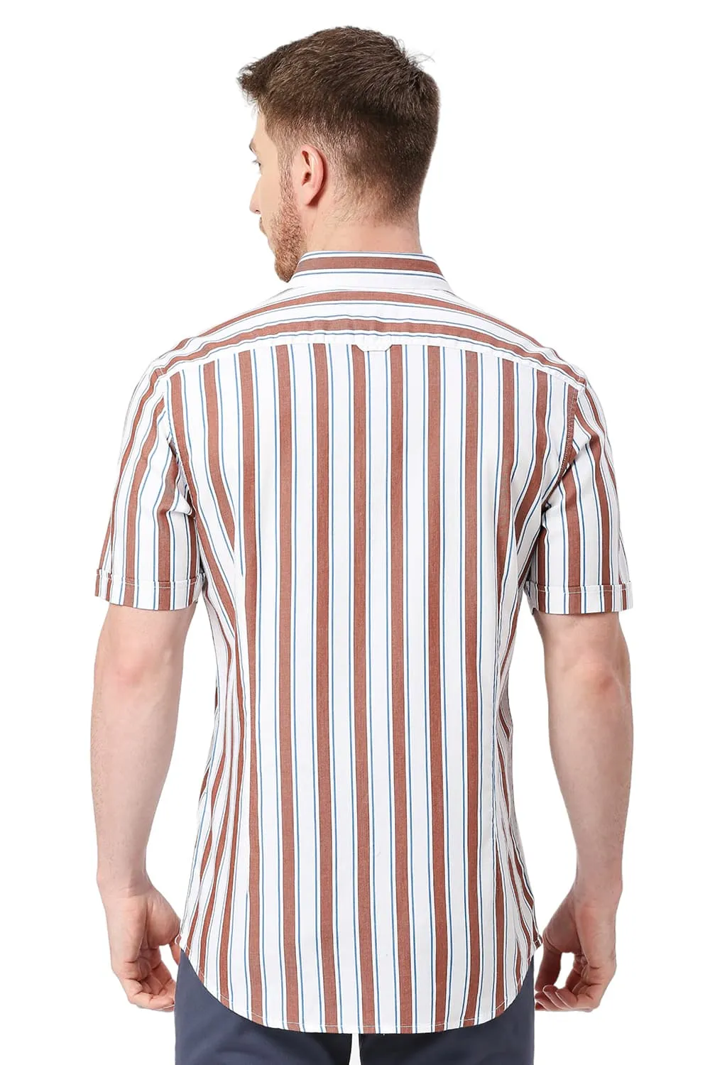 Slim Fit Cotton Tencel Twill Stripe Halfsleeves Shirt