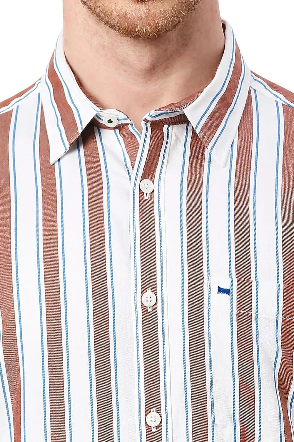 Slim Fit Cotton Tencel Twill Stripe Halfsleeves Shirt