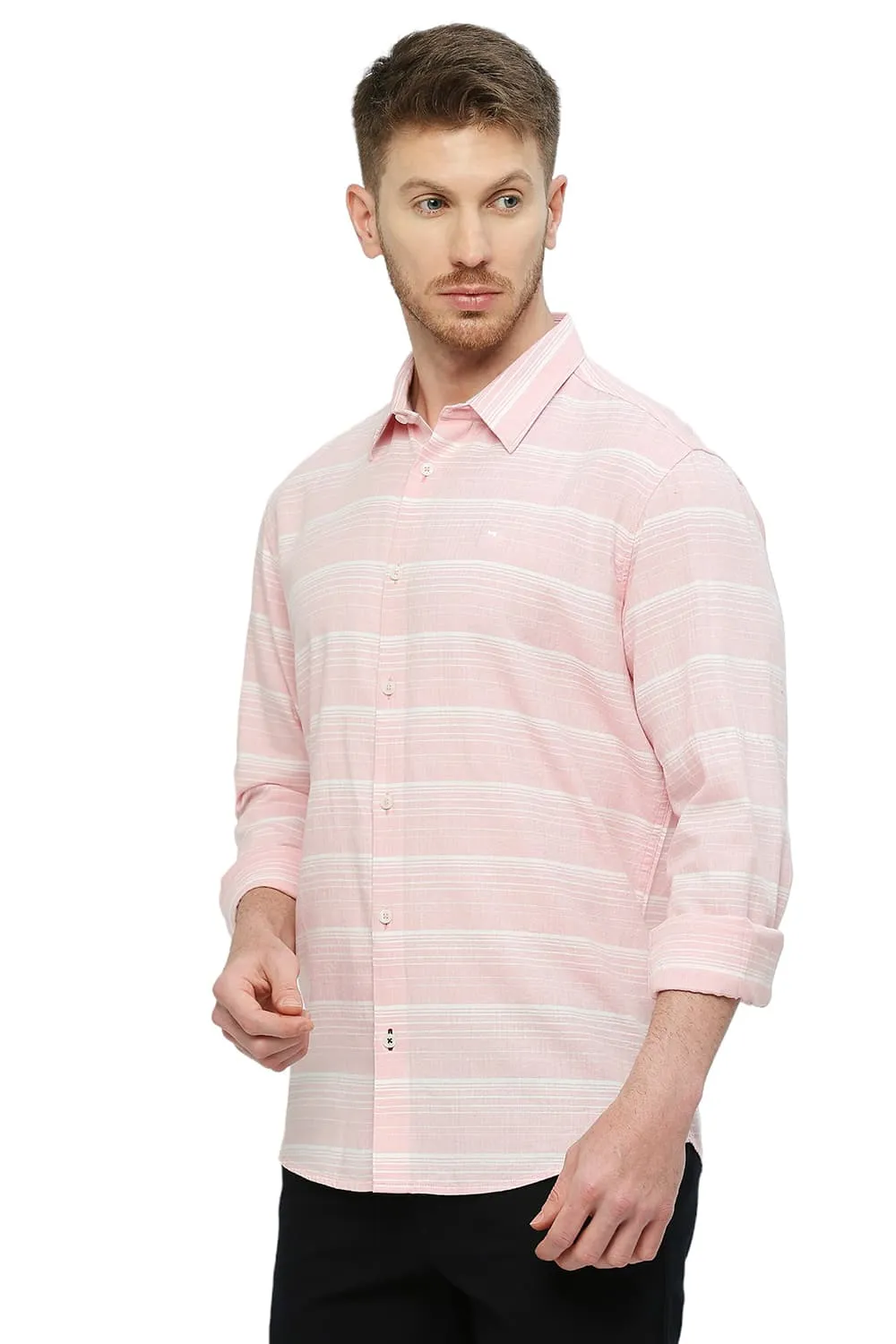 Slim Fit Cotton Tencel Weft Herringbone Stripe Shirt