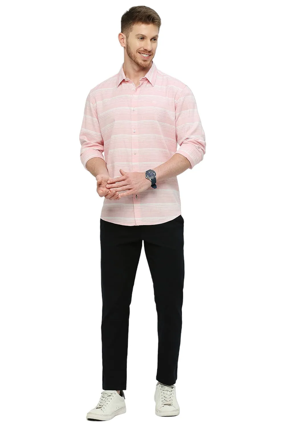 Slim Fit Cotton Tencel Weft Herringbone Stripe Shirt