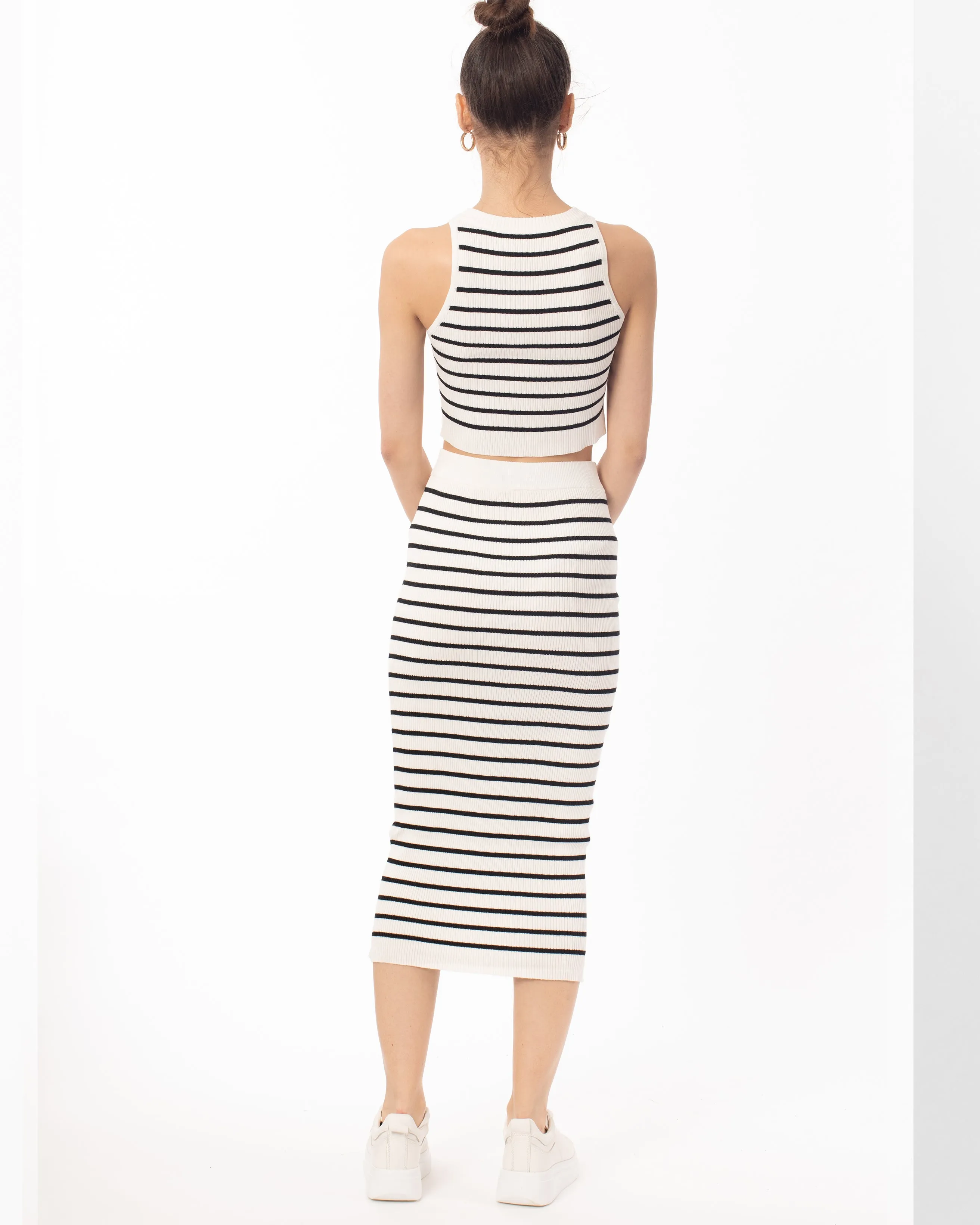 Stripe print sleeveless top and midi skirt co-ords suits in white