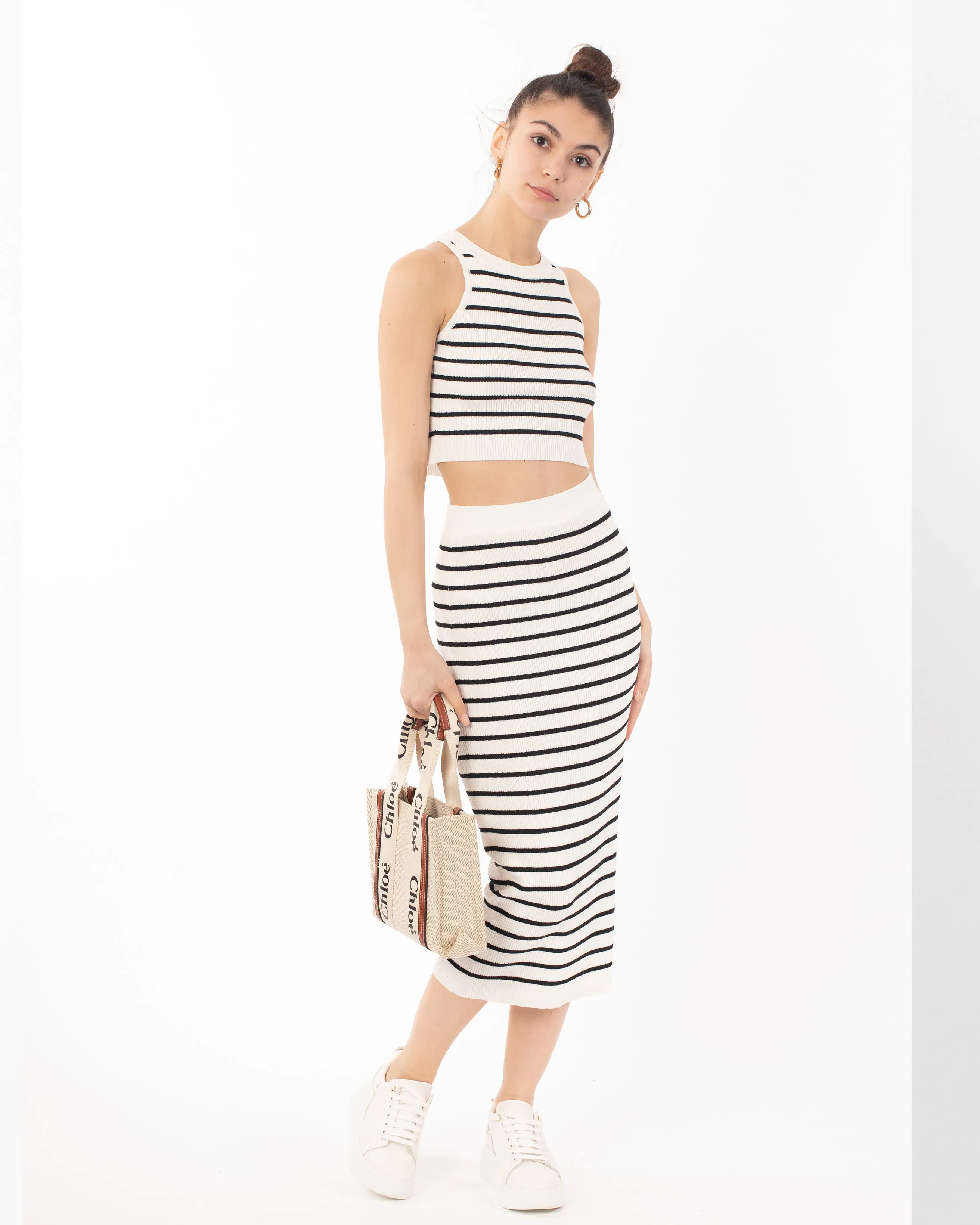 Stripe print sleeveless top and midi skirt co-ords suits in white