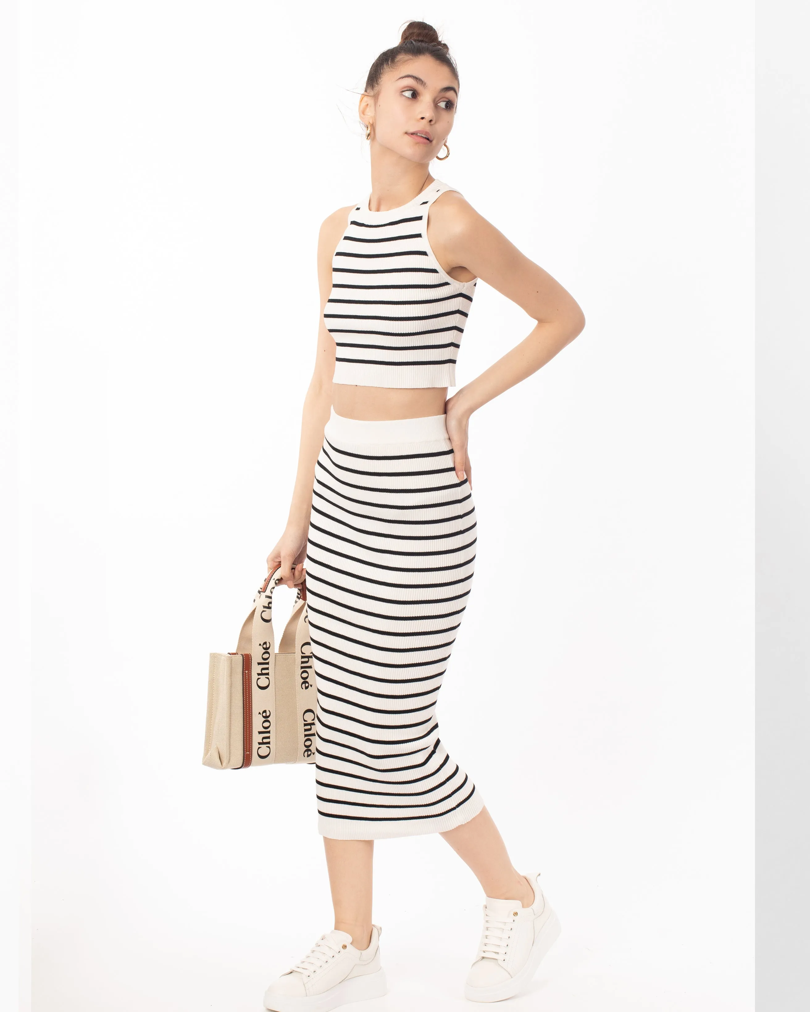 Stripe print sleeveless top and midi skirt co-ords suits in white