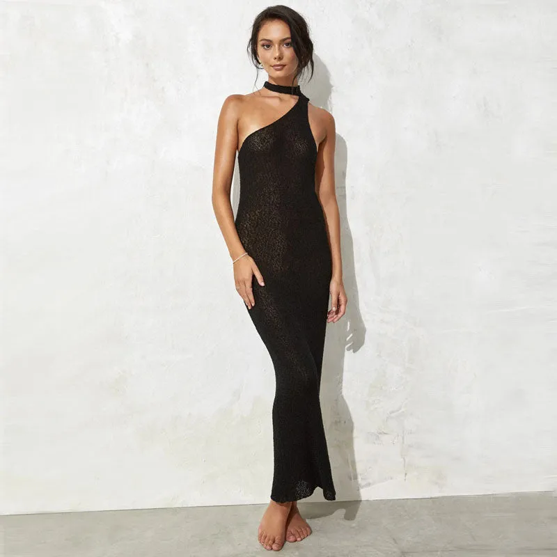 Sultry One Shoulder Halter Sleeveless Cutout Maxi Cover Up Knit Dress