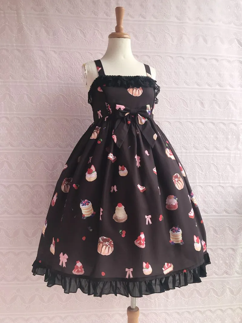 Sweet Strawberry and Desert Printed Lolita Casual JSK Dress Sleeveless Chiffon Midi Dress by Yiliya