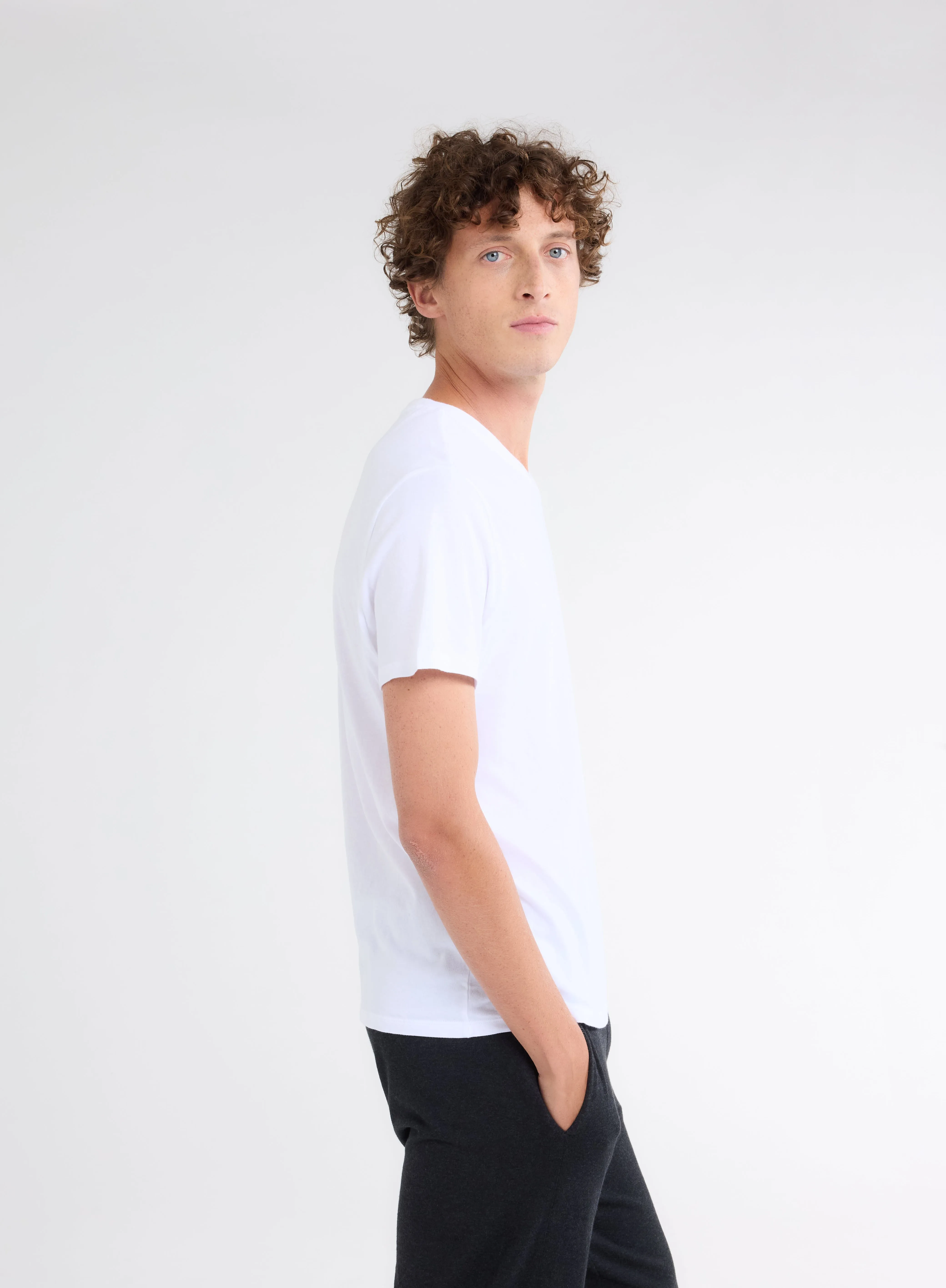 T-shirt Blanc Paul Col V Manches Courtes en Coton