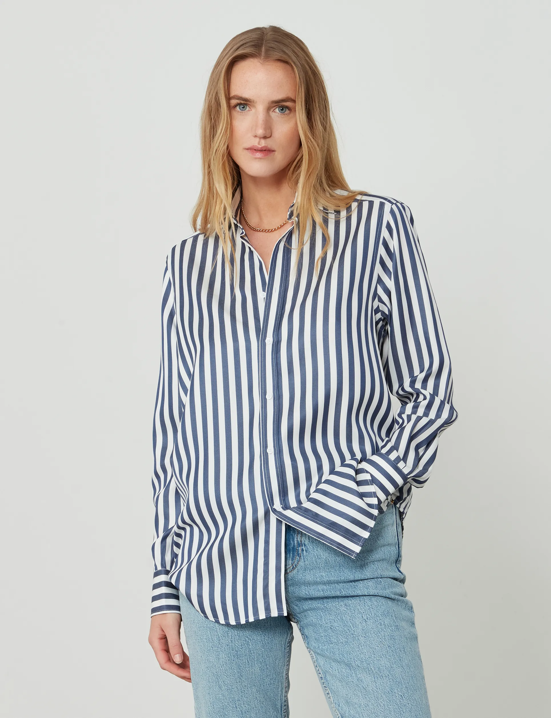 The Boyfriend: Tencel, Navy Blue Stripe