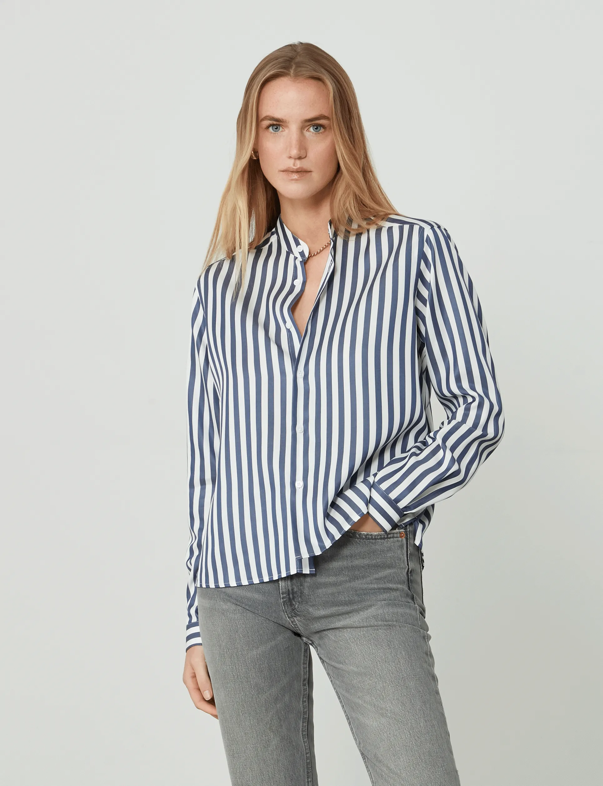 The Girlfriend Collarless: Tencel, Navy Blue Stripe