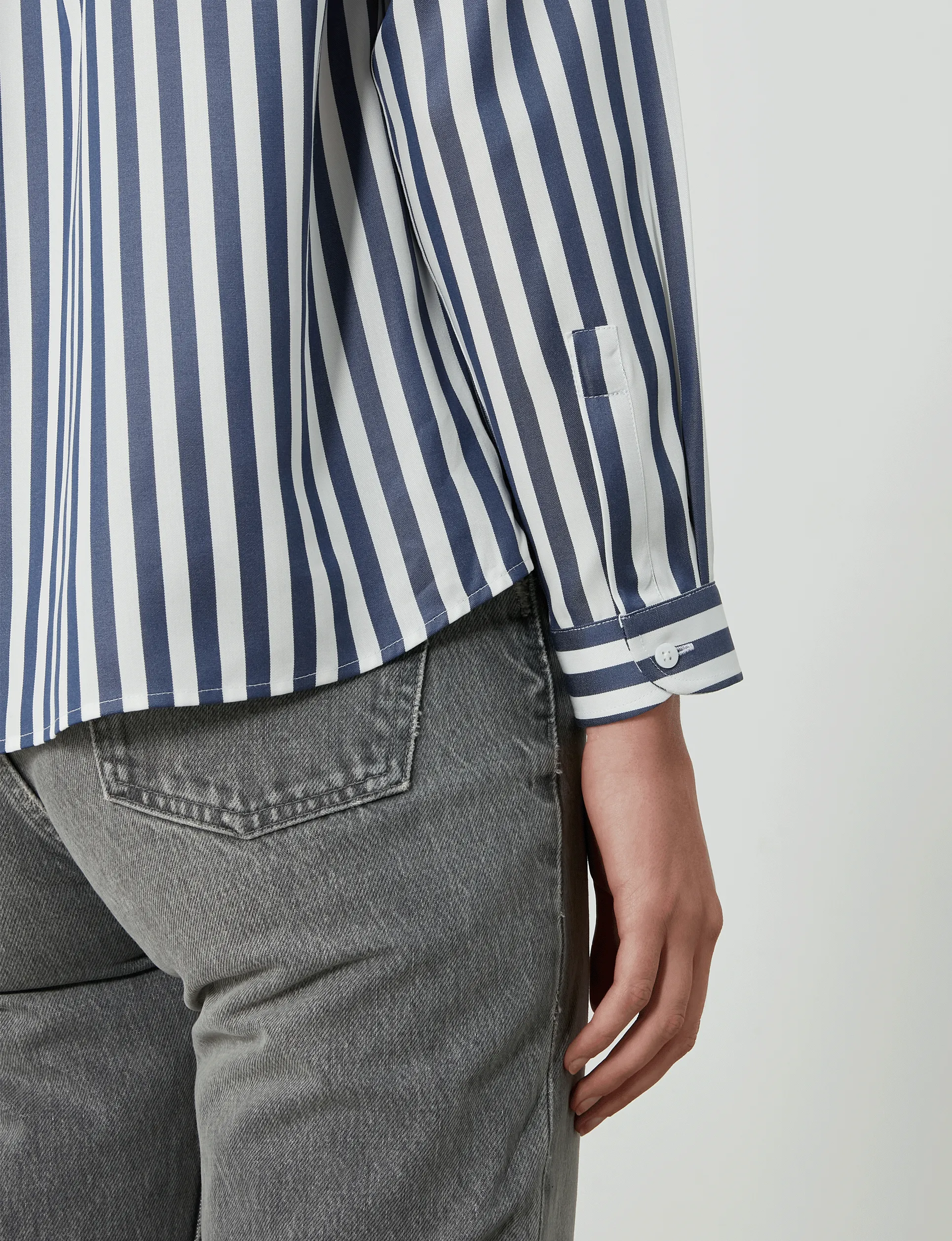 The Girlfriend Collarless: Tencel, Navy Blue Stripe