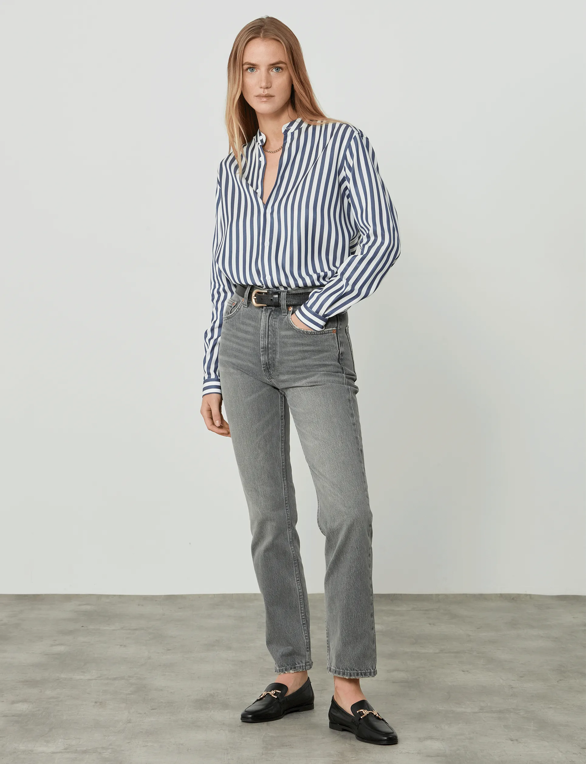 The Girlfriend Collarless: Tencel, Navy Blue Stripe