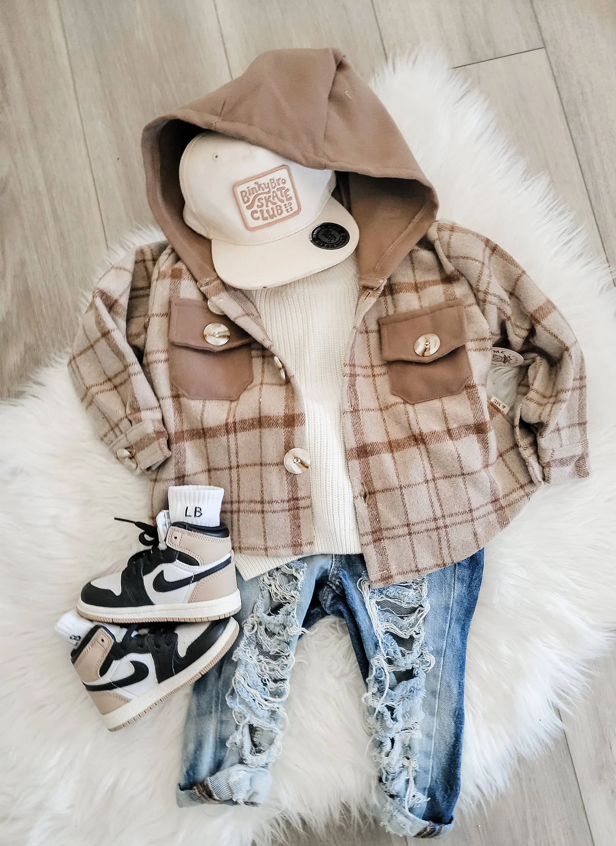 Toddlers Grey/Tan & Brown Plaid Hooded Shaket/Jacket