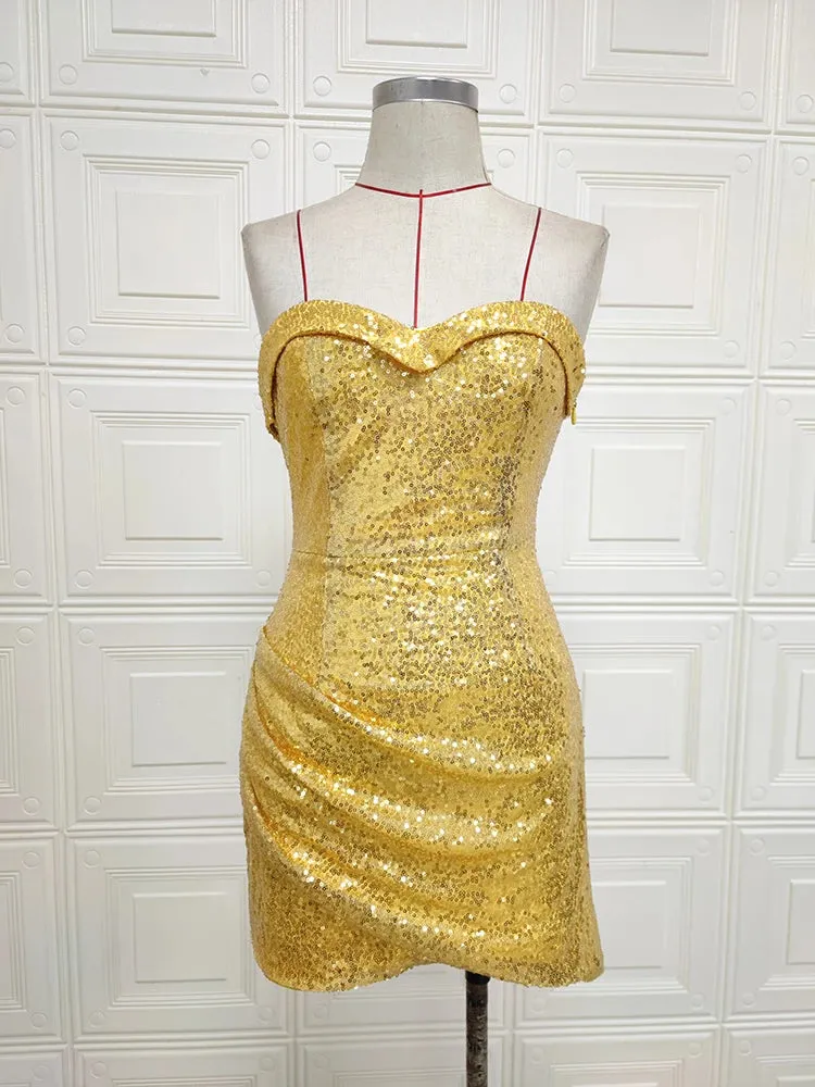 Trend4us Women's Glittering Gold Sequin Draped Mini Dress