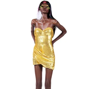 Trend4us Women's Glittering Gold Sequin Draped Mini Dress