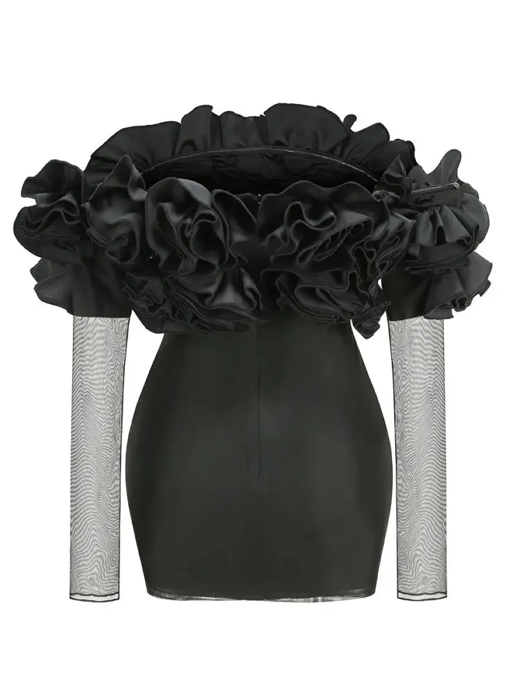 Trend4us Women's Off-Shoulder Ruffled Rose Sleeve Mini Dress