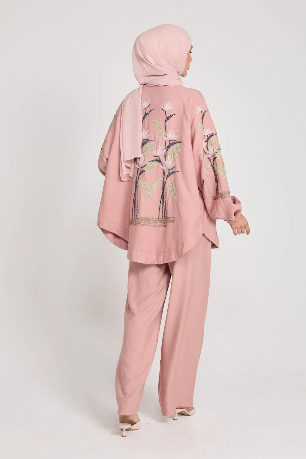 Tropical Floral Embroidered Co-Ord Set - Mellow Rose Pink