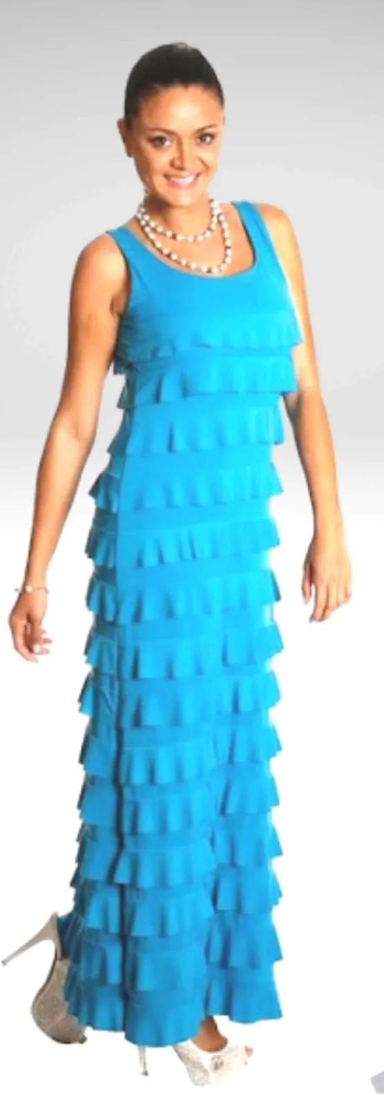 Turquoise Ankle Length Multi-Ruffle Sleeveless Dress