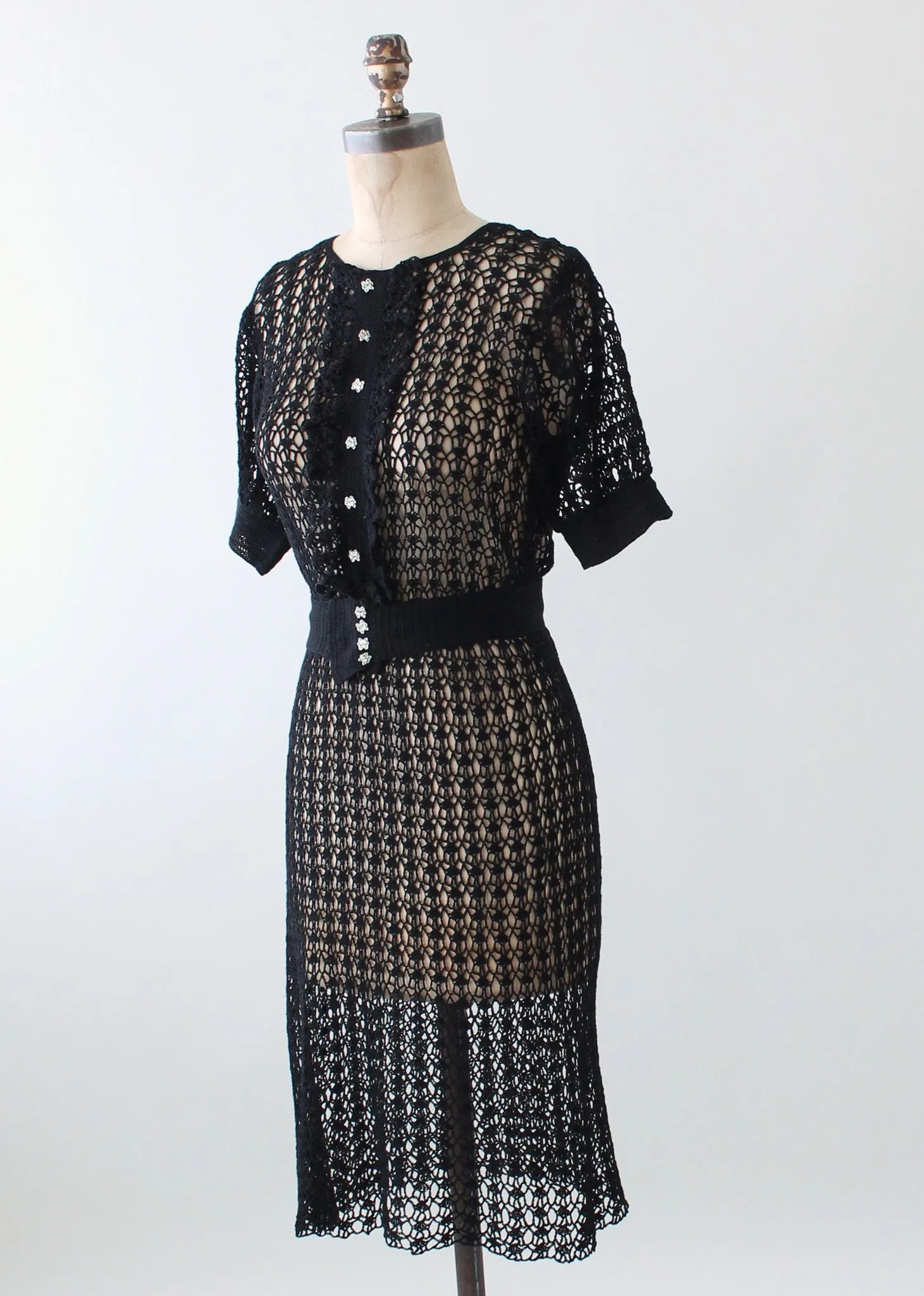 Vintage 1930s Black Knit Ruffle Front Dress