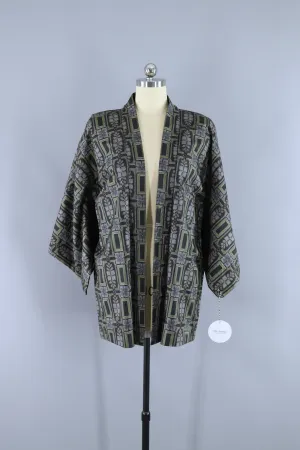 Vintage 1970s Haori Kimono Cardigan / Ikat Geometric Black & Green