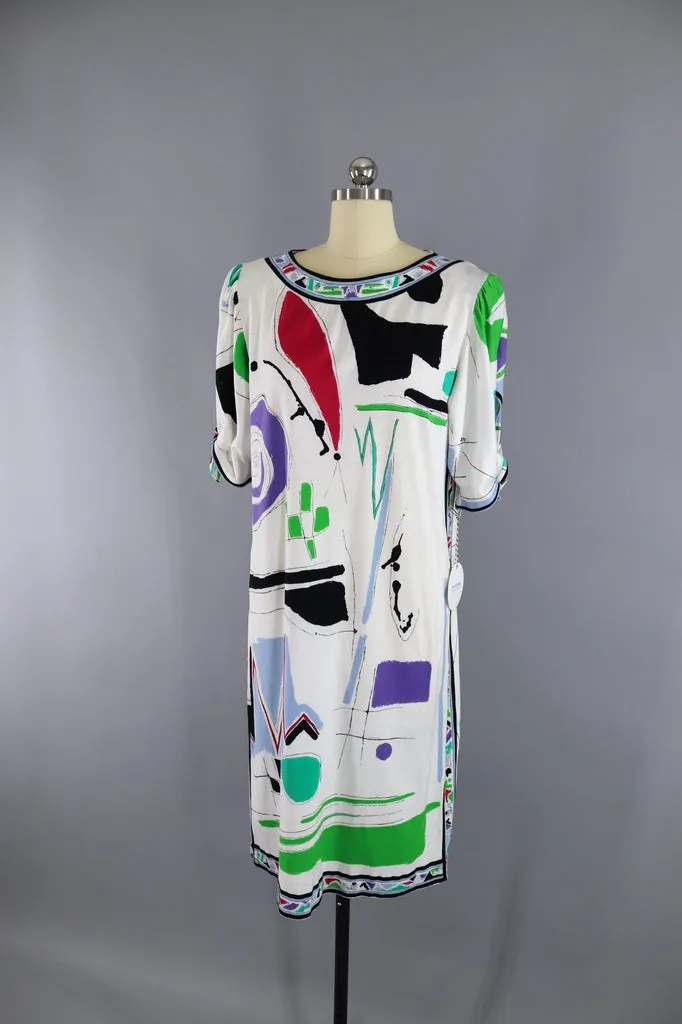 Vintage 1980s Leonard Paris Designer Dress / White Abstract Print Knit