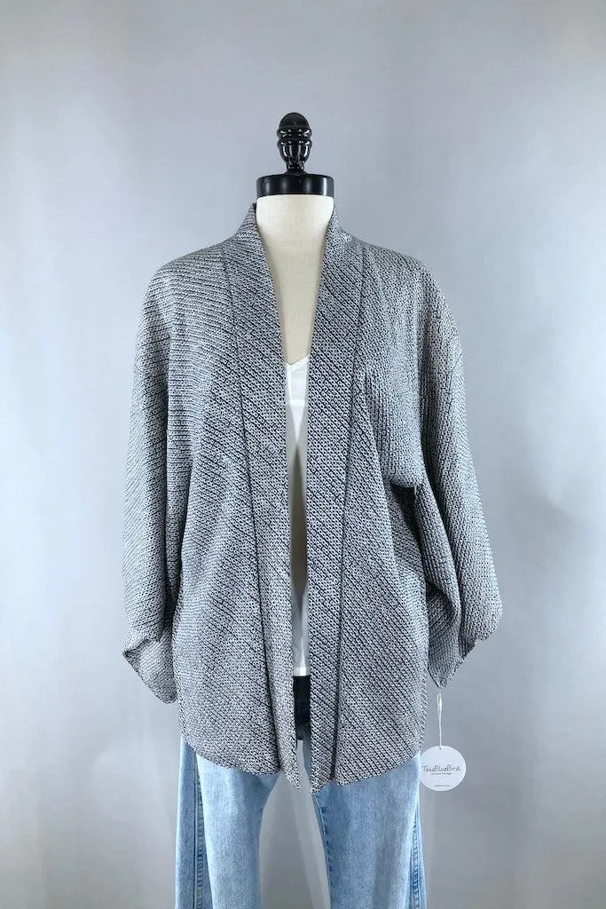 Vintage Blue Grey Shibori Silk Kimono Cardigan