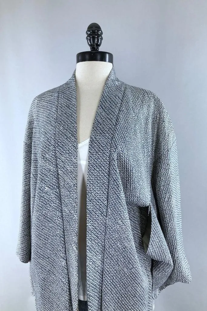 Vintage Blue Grey Shibori Silk Kimono Cardigan