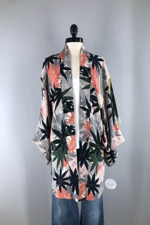 Vintage Coral Pink Tropical Silk Kimono Cardigan