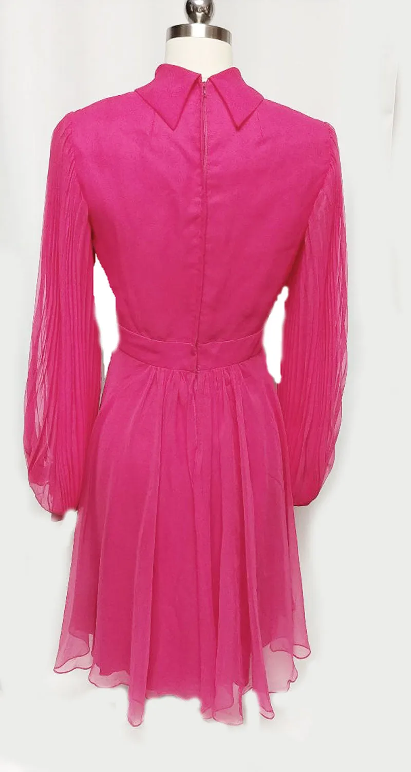 *VINTAGE HOT PINK BEADED, RHINESTONE & PEARL COCKTAIL DRESS WITH HUGE PLEATED SLEEVES