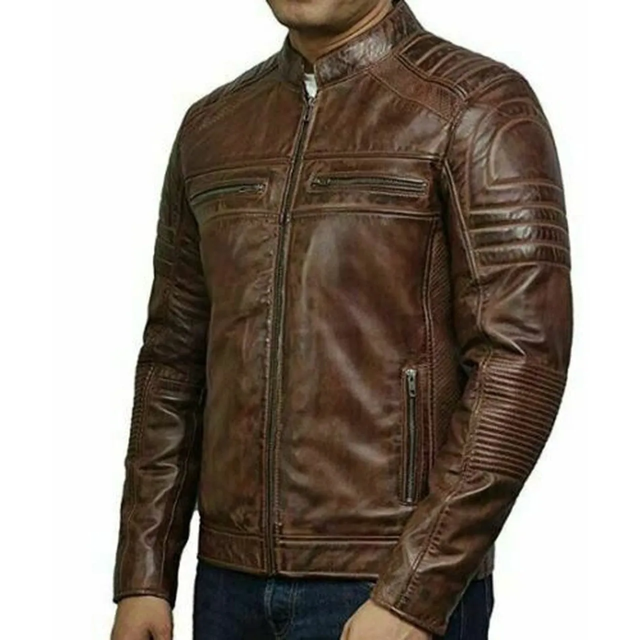 Vintage Motorcycle Biker Distressed Brown Cafe Racer Quilted Leather Jacket