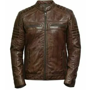 Vintage Motorcycle Biker Distressed Brown Cafe Racer Quilted Leather Jacket