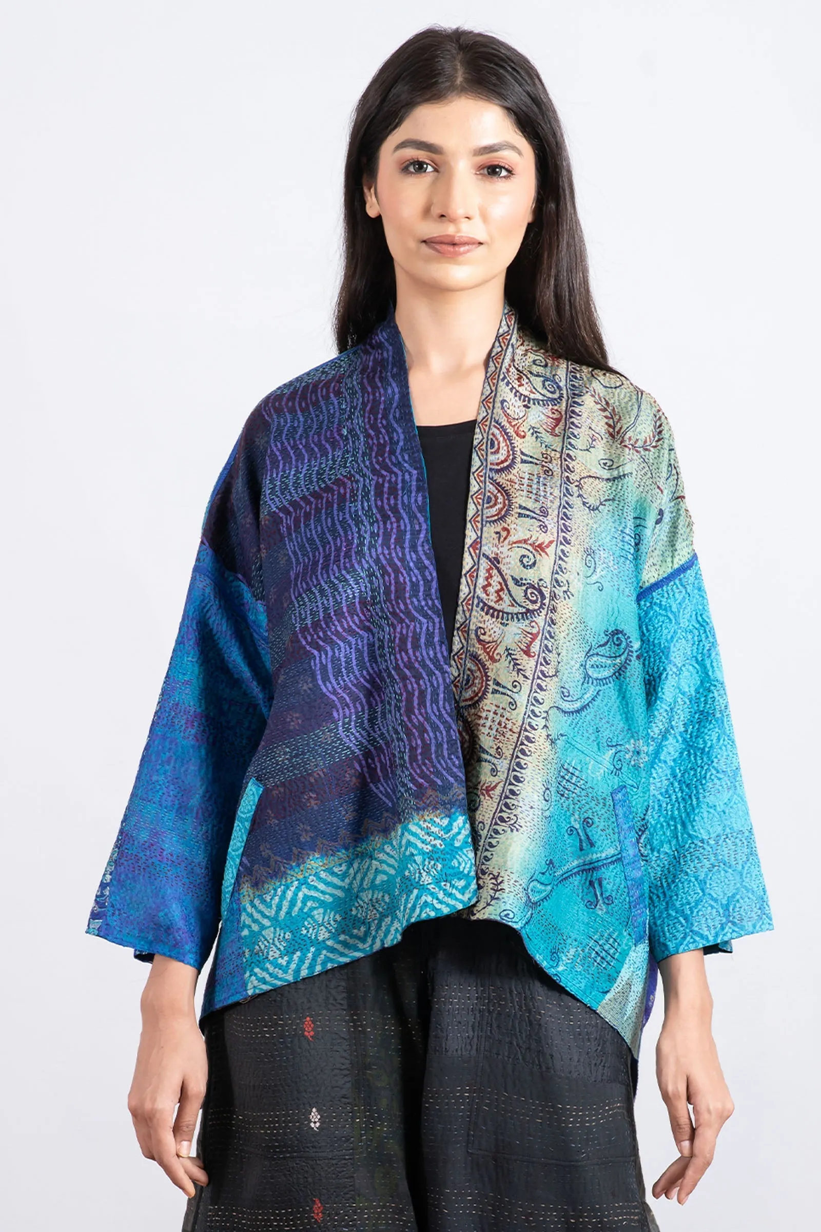 VINTAGE SILK PATCH KANTHA MINI KIMONO JKT - vp2055-blu -