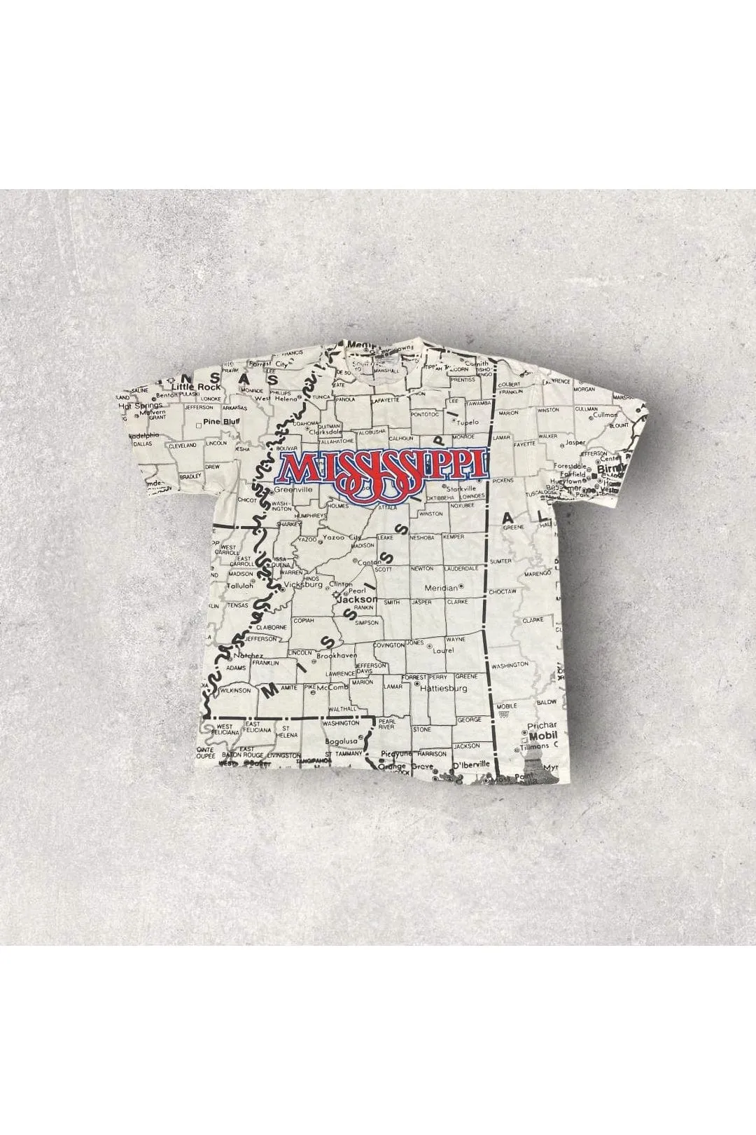 Vintage Single Stitch Mississippi Map All Over Print Tee- L