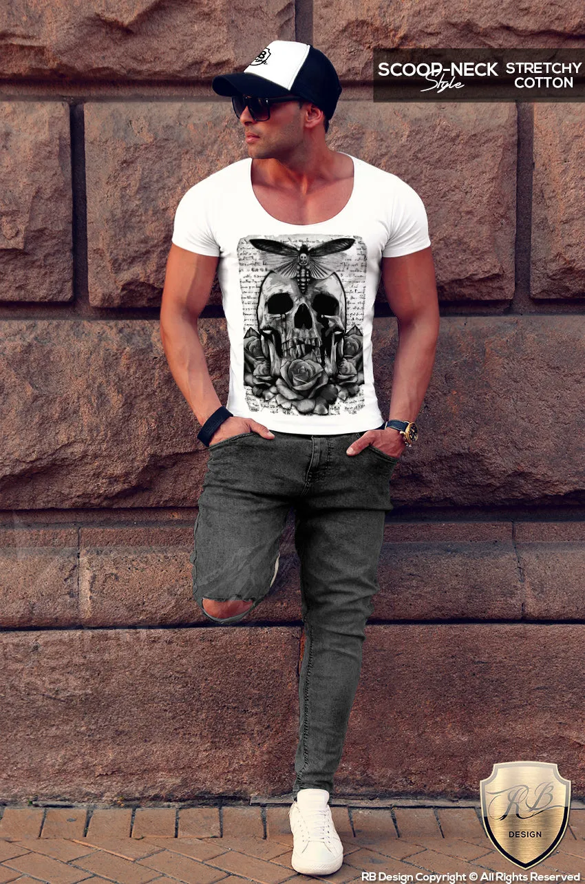 Vintage Skull Mens T-shirt Black Roses Old Paper Tank Top MD485