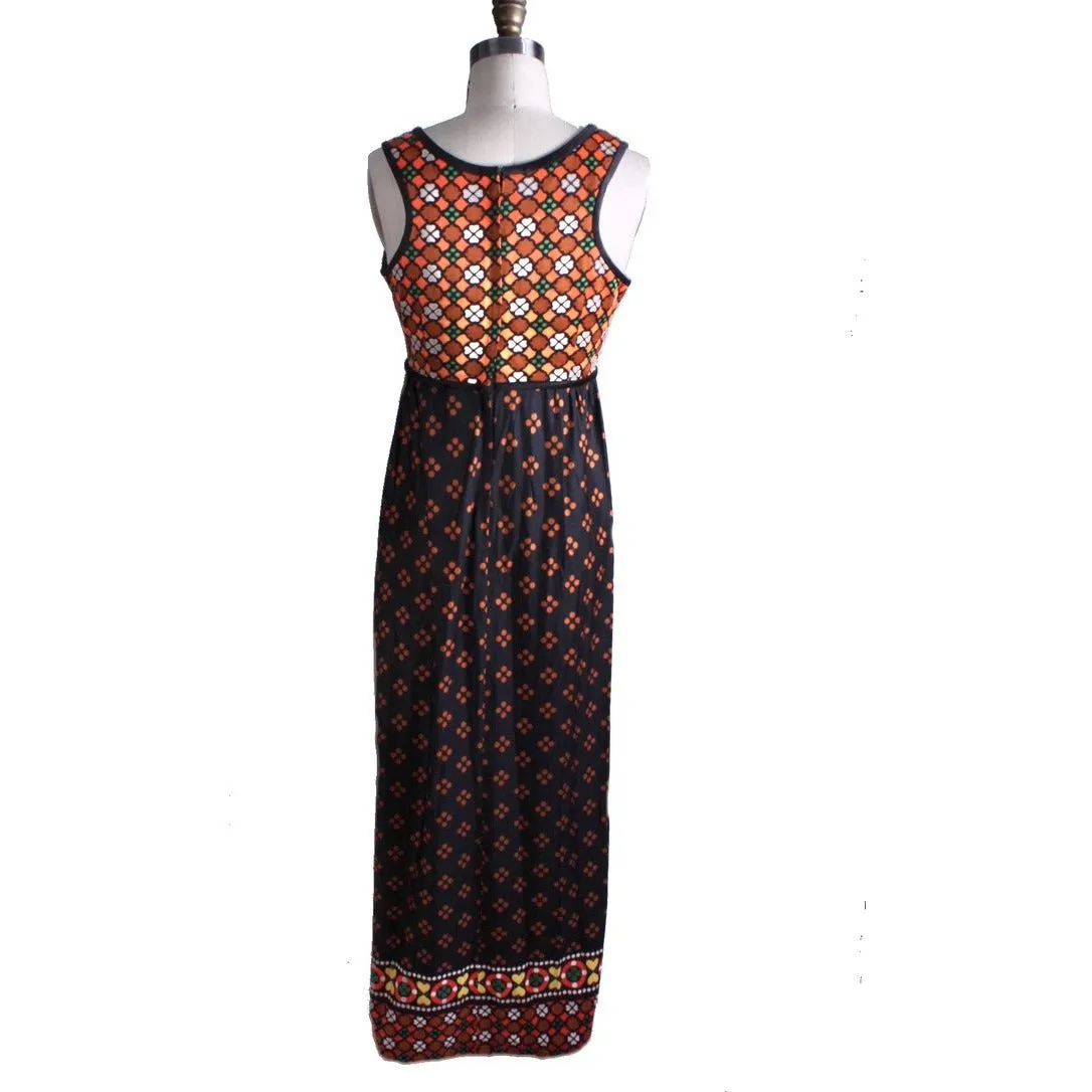 VTg 1960s Maxi Dress Gown Polka Dot Border Print Knit Sz S/M Knit Hippie Boho