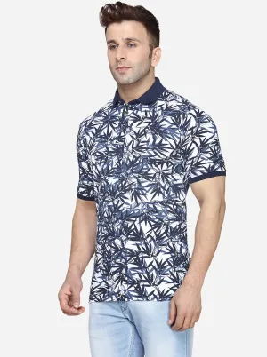 White & Blue Printed Slim Fit Polo T-Shirt | JadeBlue