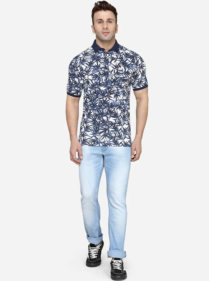 White & Blue Printed Slim Fit Polo T-Shirt | JadeBlue