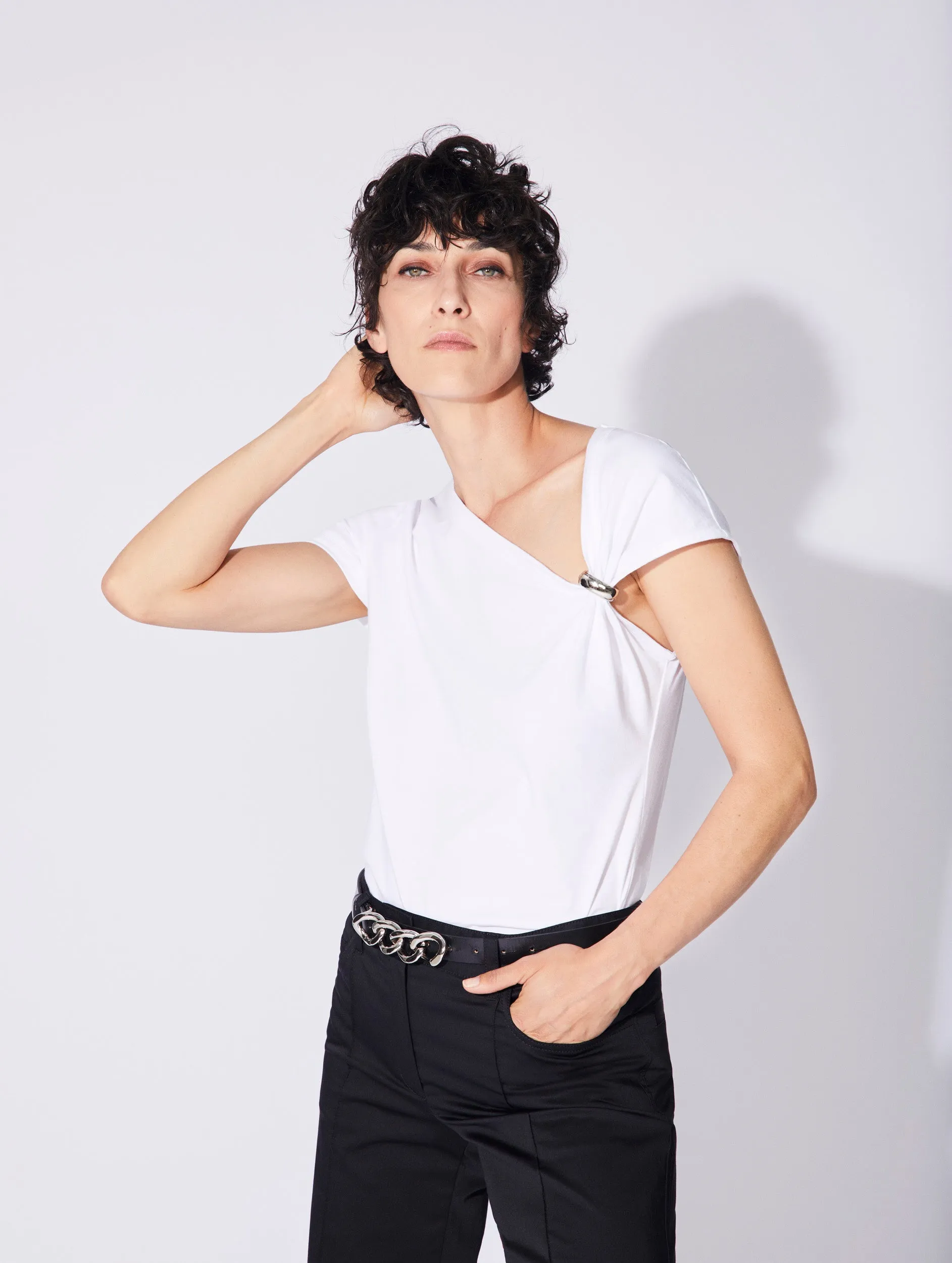 White cotton jersey draped T-shirt