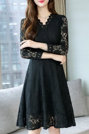 Women Fabulous Floral Lace Long Sleeve mid Length Slim Fit Magnificent Dress - WD66519