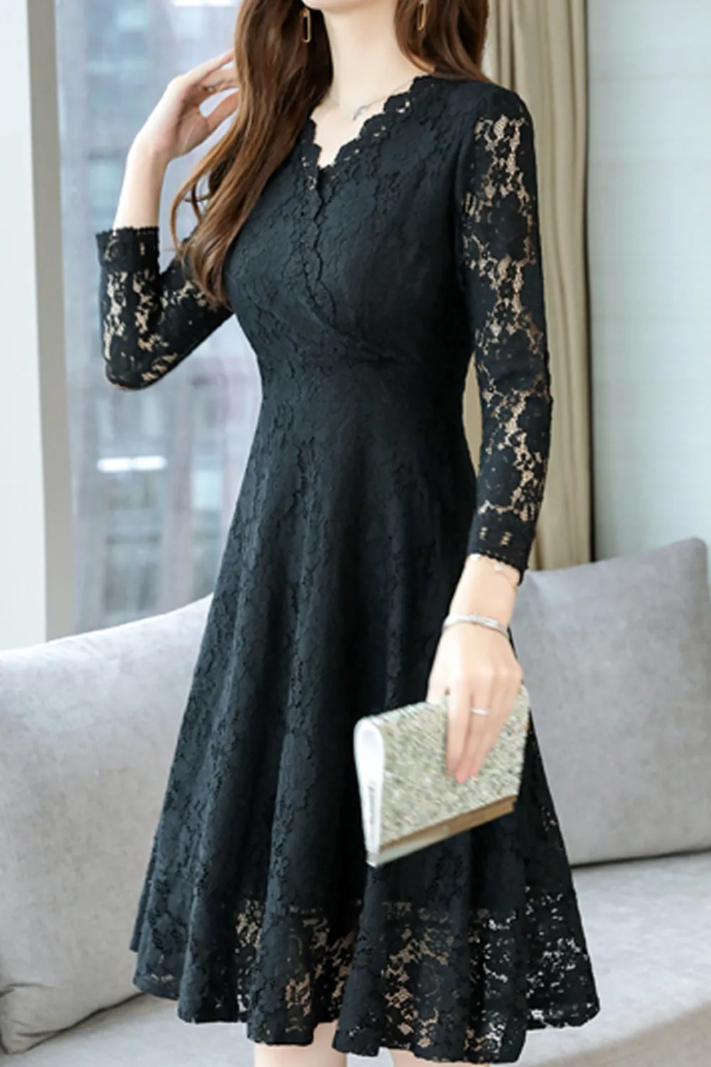 Women Fabulous Floral Lace Long Sleeve mid Length Slim Fit Magnificent Dress - WD66519