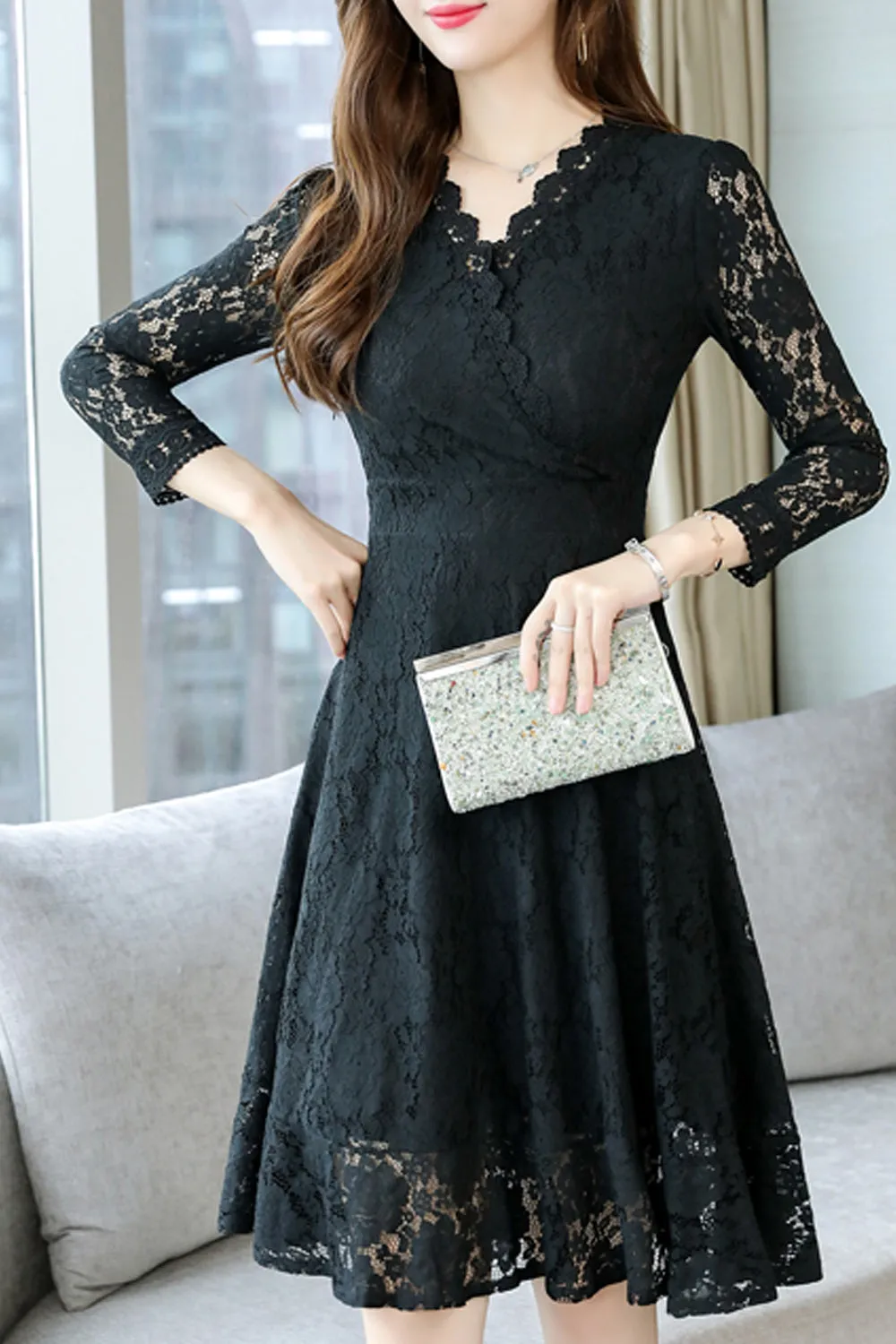 Women Fabulous Floral Lace Long Sleeve mid Length Slim Fit Magnificent Dress - WD66519