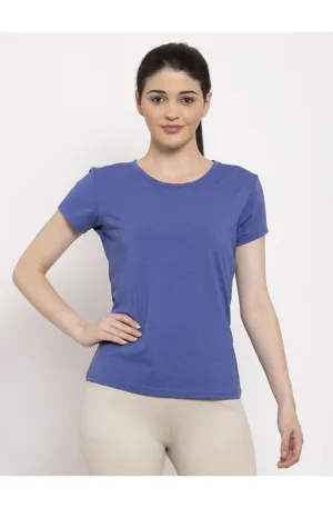 Women Melange Blue Solid slim fit round neck T-shirt