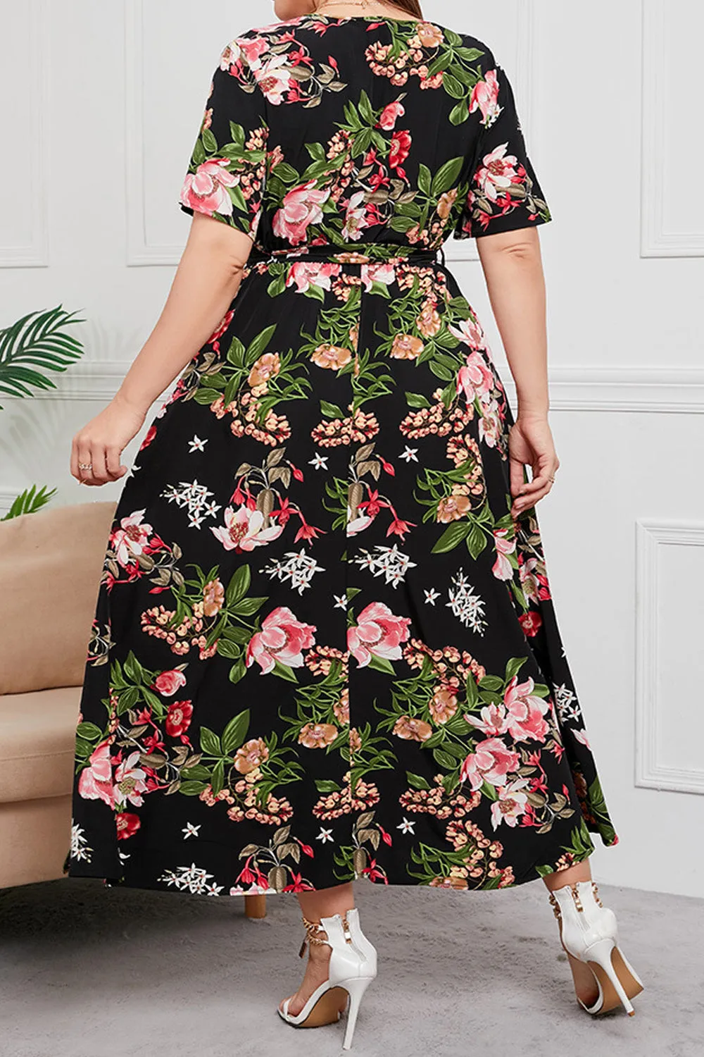 Women Short Sleeve Wonderful Thin V-Neck Floral Pattern Mid Length Awesome Dress - C12720KMD