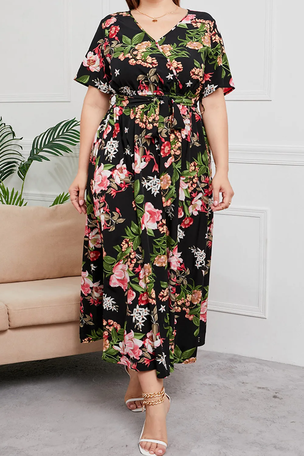 Women Short Sleeve Wonderful Thin V-Neck Floral Pattern Mid Length Awesome Dress - C12720KMD