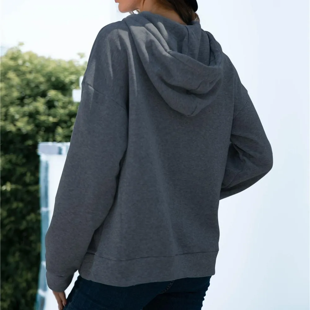 Women solid color button collar hoodie sweatshirt with pocket