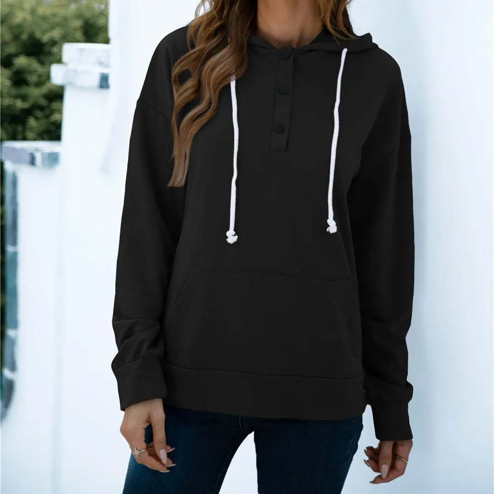 Women solid color button collar hoodie sweatshirt with pocket