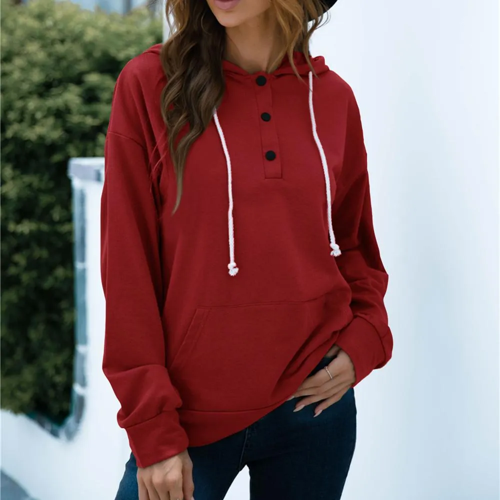 Women solid color button collar hoodie sweatshirt with pocket